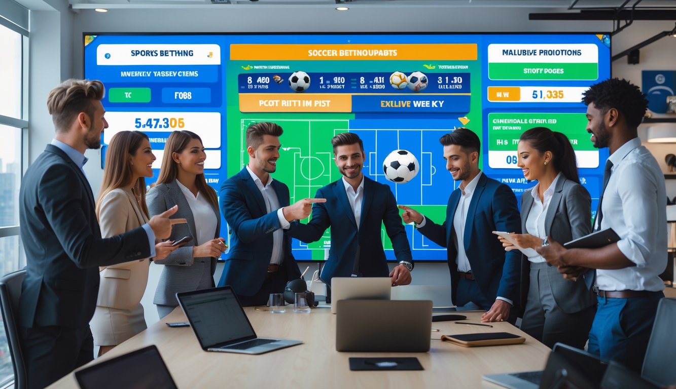 Sekelompok profesional muda sedang berdiskusi di kantor dengan layar digital menampilkan grafik pertandingan sepak bola dan promosi.