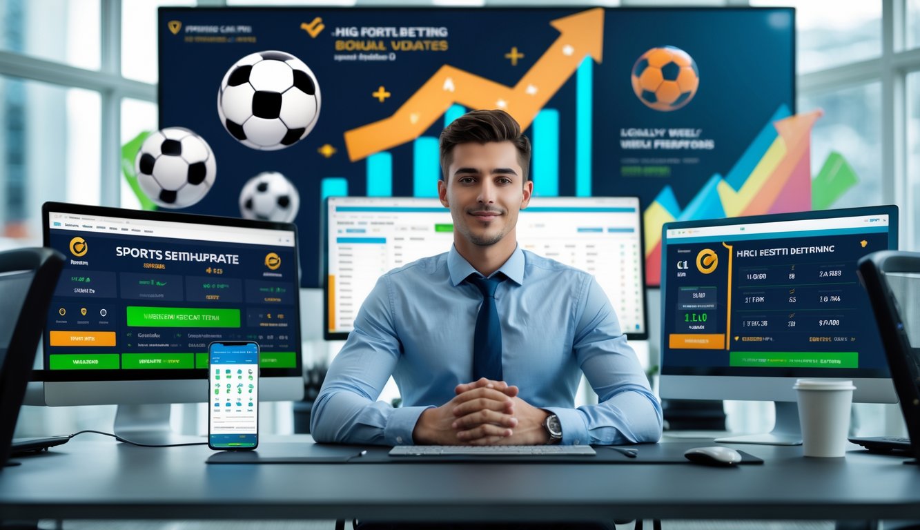 Seorang pria muda duduk di meja kantor dengan beberapa monitor komputer yang menampilkan data taruhan bola dan grafik, suasana kerja yang sibuk dan modern.