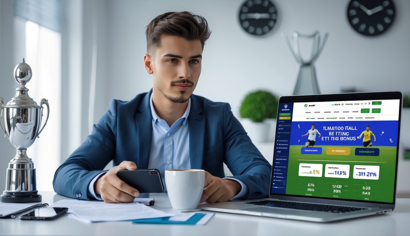 Seorang pria muda duduk di depan laptop dengan tampilan situs taruhan bola, dikelilingi catatan dan piala sepak bola di meja.