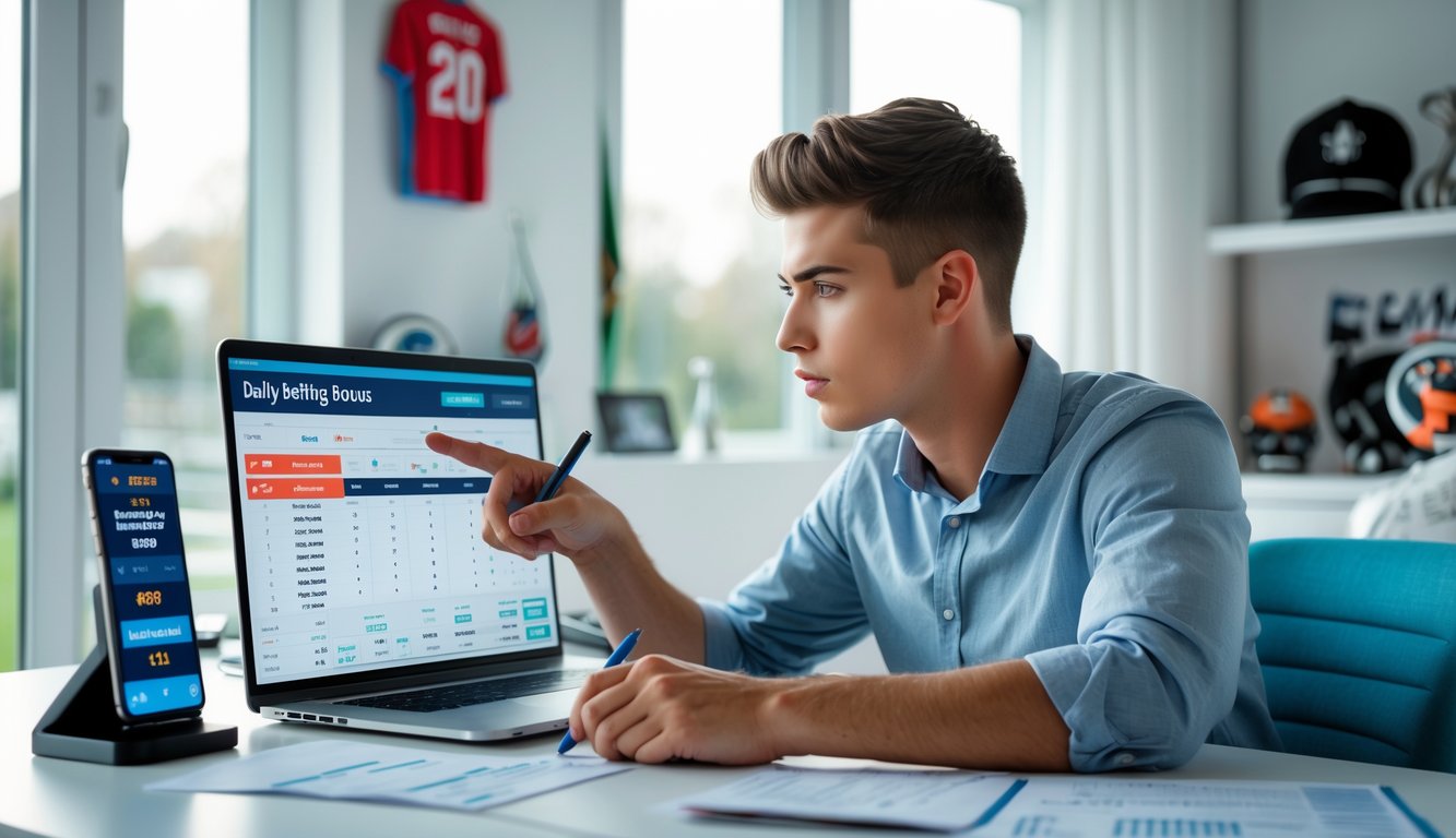 Seorang pria muda fokus duduk di meja kerja dengan laptop, menganalisis statistik taruhan bola di ruang kerja yang terang dan rapi.