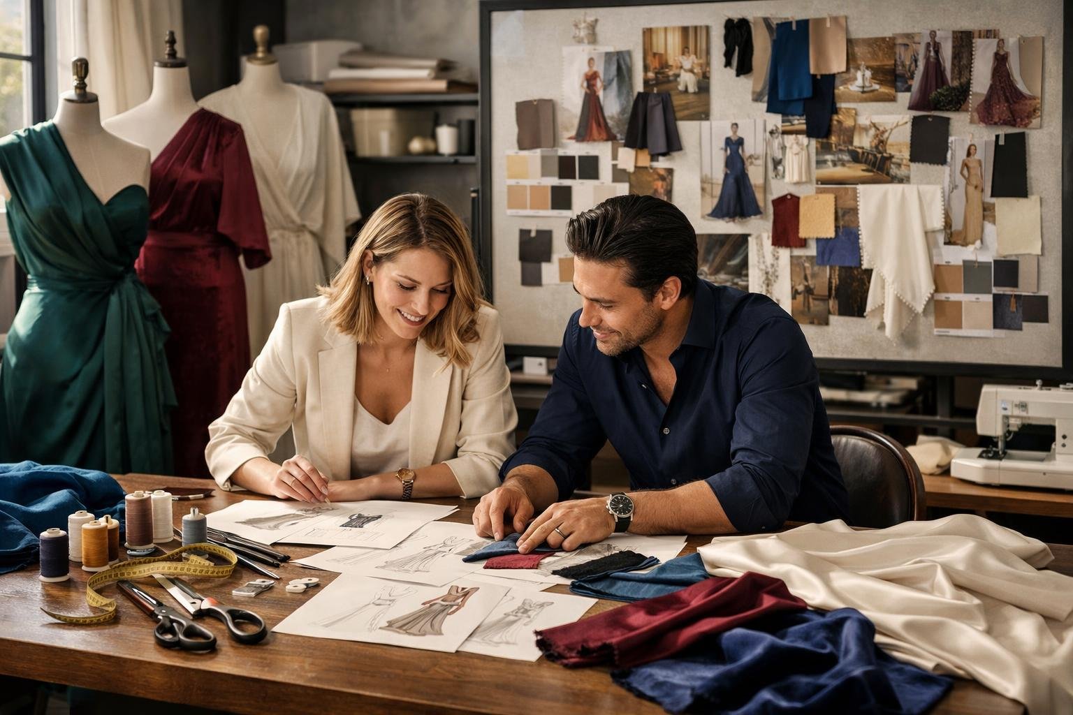 Studio mode fashion dengan desainer yang sedang bekerja pada sketsa dan bahan kain mewah.