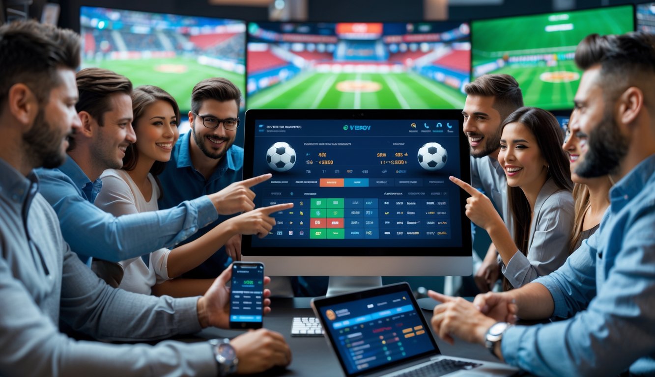 Sekelompok orang sedang melihat layar besar yang menampilkan statistik pertandingan sepak bola secara langsung dan peluang taruhan, dengan suasana antusias dan fokus.