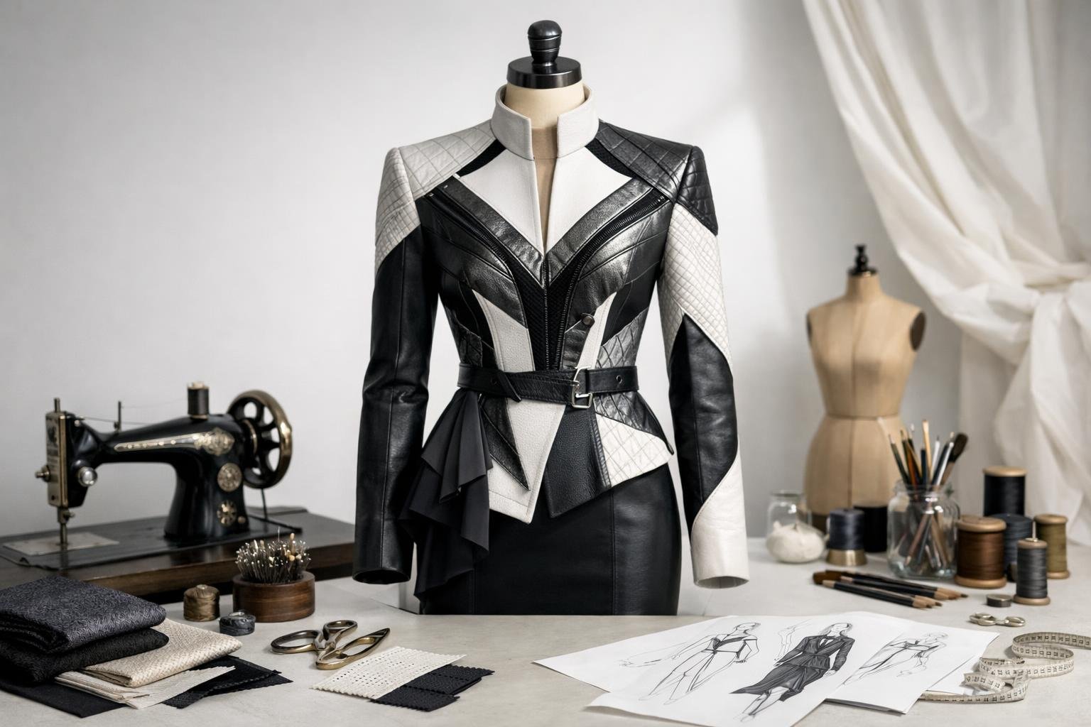 Manekin berpakaian busana mewah dengan latar studio sederhana dan alat-alat jahit di sekitar.