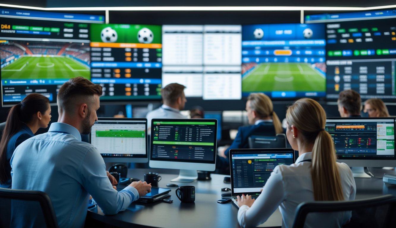 Orang-orang sedang menganalisis pertandingan sepak bola langsung dan memasang taruhan di ruang kerja modern dengan beberapa layar besar menampilkan pertandingan dan data taruhan.