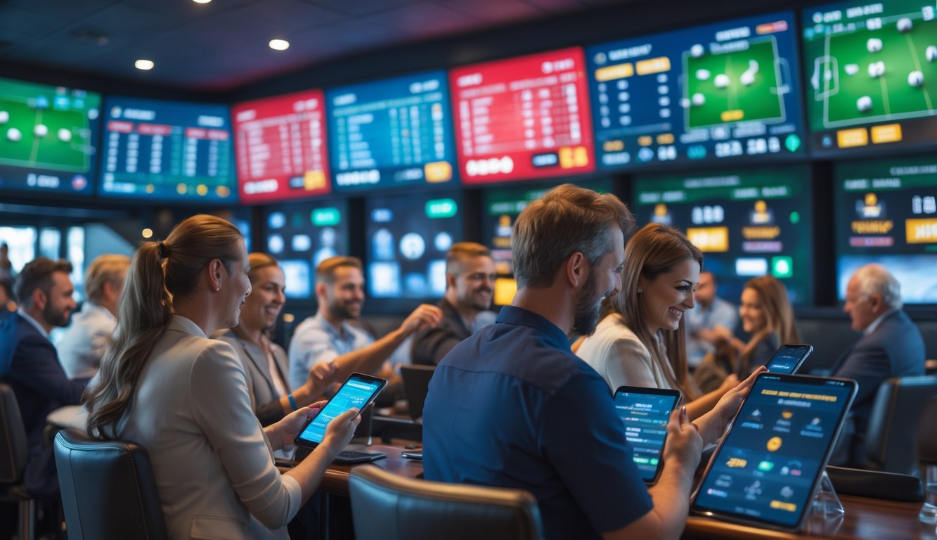 Orang-orang di ruang taruhan bola modern yang sedang menggunakan perangkat digital untuk memasang taruhan sambil menonton pertandingan sepak bola di layar besar.
