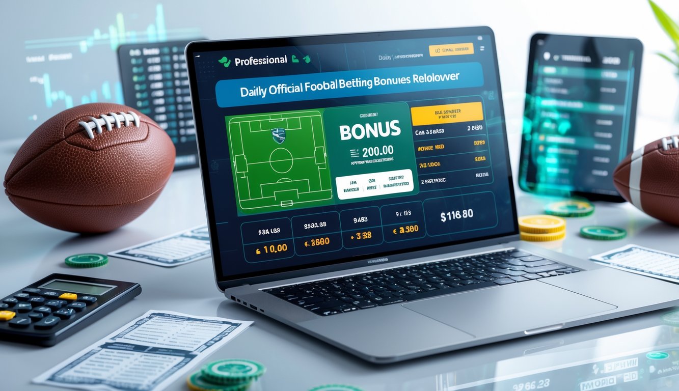 Seorang pria menggunakan laptop dengan layar menampilkan antarmuka taruhan bola, dikelilingi bola sepak dan alat taruhan di meja yang rapi.