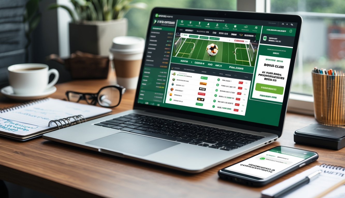 Seorang pria menggunakan laptop dan ponsel di meja kerja yang menampilkan situs taruhan bola dan notifikasi bonus otomatis.