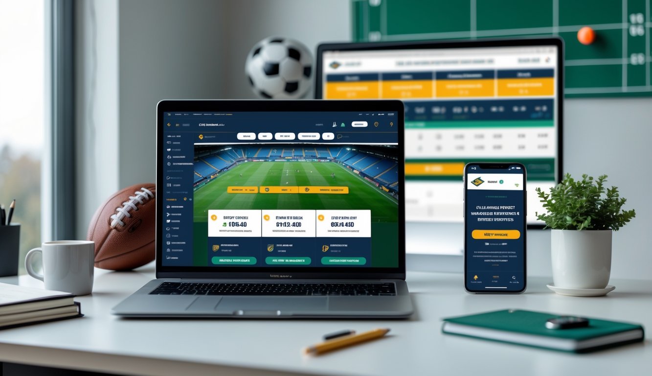 Meja kerja modern dengan laptop dan ponsel yang menampilkan situs taruhan bola, dilengkapi dengan bola sepak dan papan skor di latar belakang.