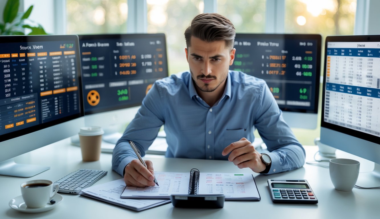 Seorang pria duduk di meja dengan beberapa layar komputer menampilkan statistik sepak bola dan grafik, sedang menganalisis data dengan serius di ruang kerja yang terang.