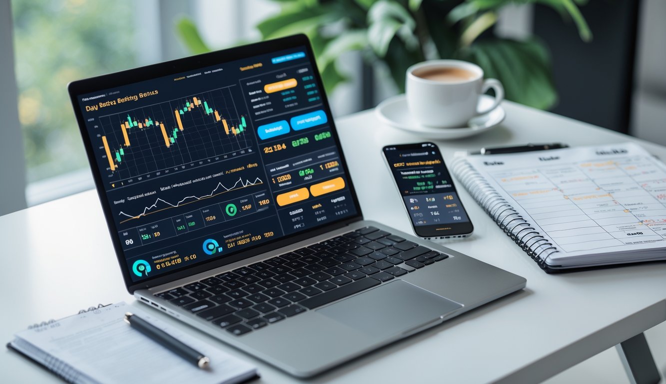 Meja kerja dengan laptop, smartphone, catatan, dan kalender yang menunjukkan aktivitas perencanaan strategi taruhan bola harian.