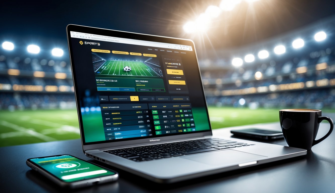 Meja kerja modern dengan laptop yang menampilkan situs taruhan olahraga, ponsel dengan skor pertandingan, dan cangkir kopi, dengan latar belakang stadion sepak bola yang terang.
