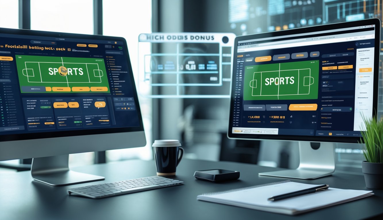 Suasana ruang kerja modern dengan komputer dan ponsel yang menampilkan situs taruhan bola online, dilengkapi dengan grafik dan elemen teknologi futuristik.