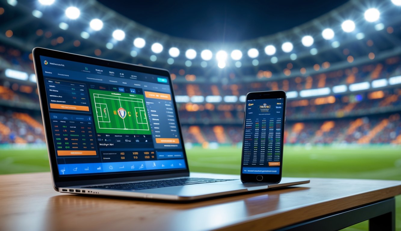Sebuah laptop dan ponsel menampilkan tampilan taruhan bola dengan latar belakang stadion sepak bola yang ramai.