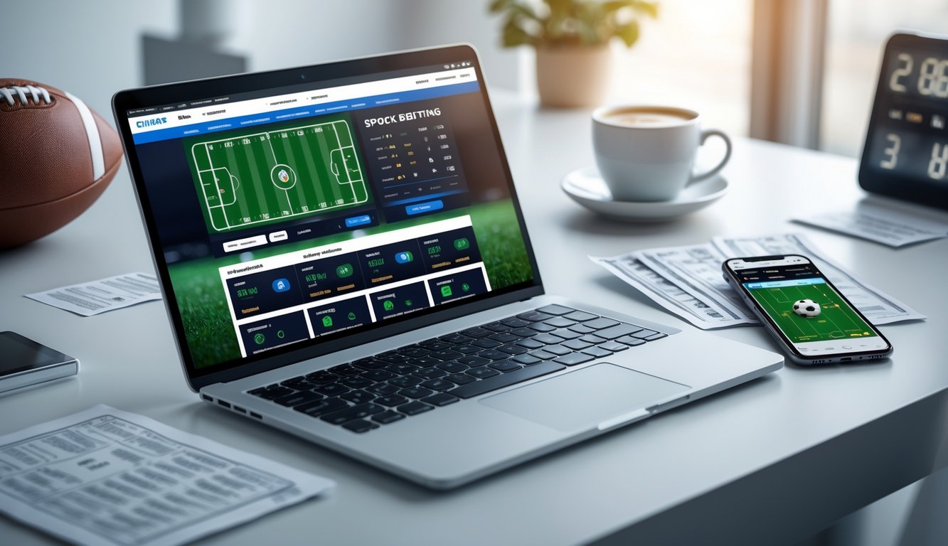 Meja kerja modern dengan laptop dan ponsel yang menampilkan situs taruhan bola, bola sepak, dan secangkir kopi.