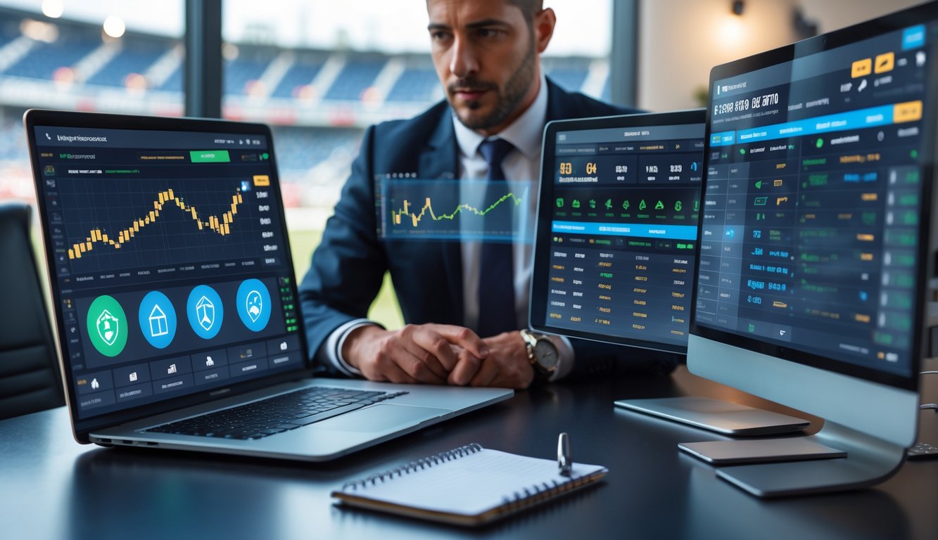 Seorang pria profesional sedang menganalisis data taruhan olahraga di depan beberapa layar digital di kantor modern.