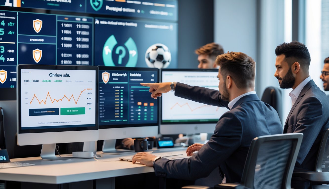 Orang-orang di kantor modern sedang melihat layar komputer yang menampilkan statistik pertandingan sepak bola, peluang taruhan, dan fitur keamanan.