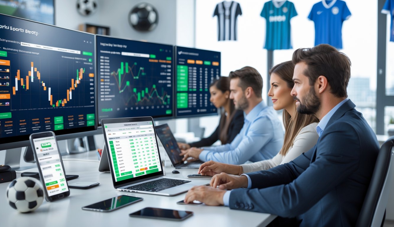 Beberapa orang sedang melihat layar komputer yang menampilkan data dan grafik taruhan sepak bola di kantor modern.