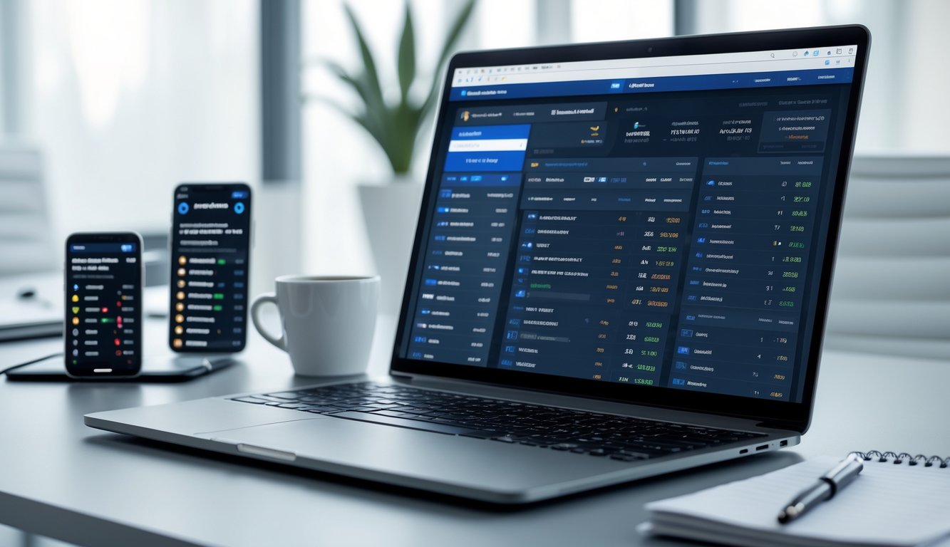 Seorang profesional sedang bekerja dengan laptop yang menampilkan situs judi bola online, dikelilingi oleh ponsel, secangkir kopi, dan alat tulis di meja kerja.