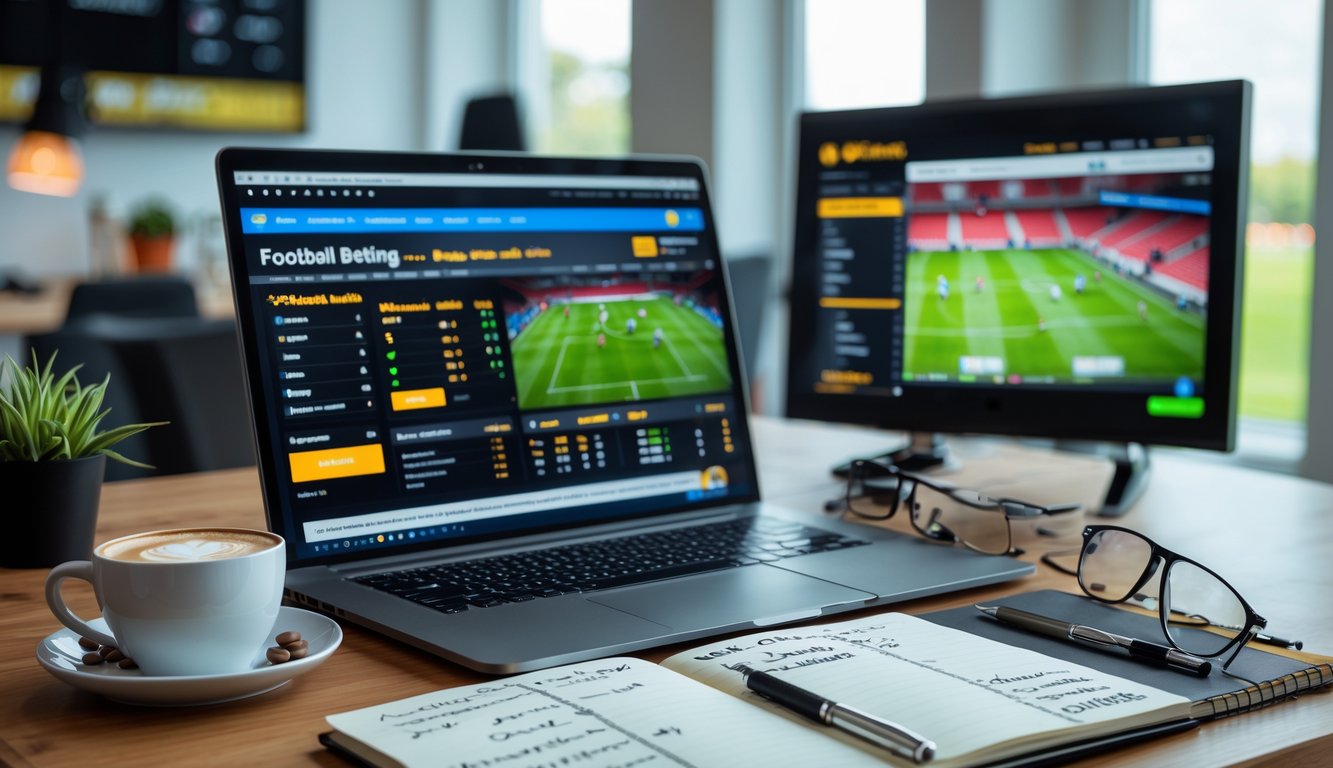Sebuah meja kerja dengan laptop, ponsel, dan catatan strategi taruhan bola, layar digital menampilkan pertandingan sepak bola langsung di latar belakang.
