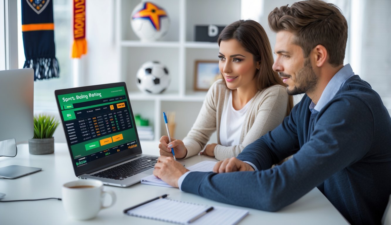 Dua orang muda duduk bersama di meja dengan laptop, terlihat fokus membahas taruhan bola dan strategi menang.