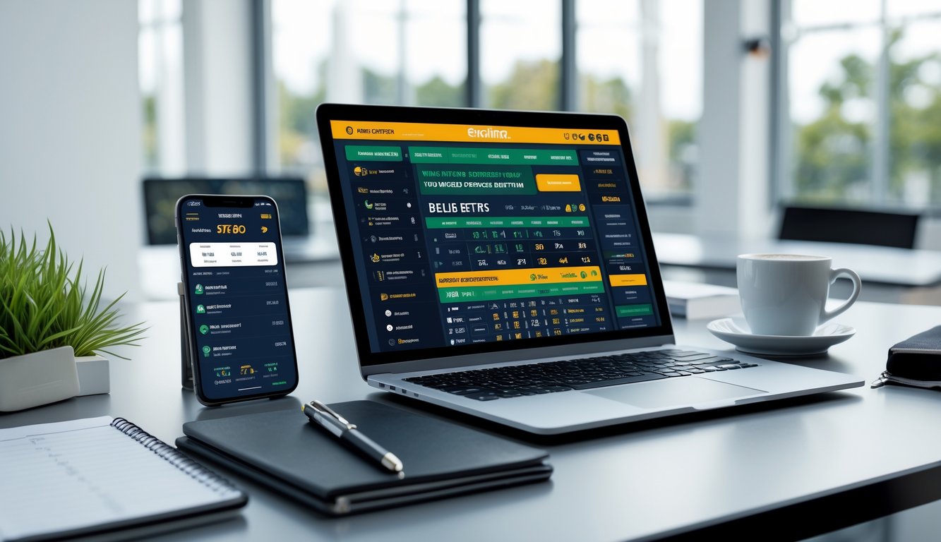 Meja kerja modern dengan laptop dan ponsel yang menampilkan situs taruhan bola, secangkir kopi, dan alat tulis di ruang kantor terang.