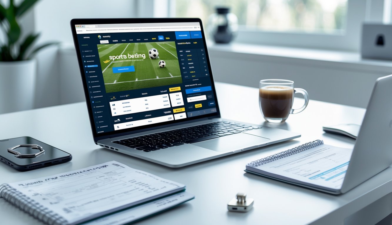 Seorang pria duduk di depan laptop dan ponsel dengan tampilan situs judi bola, di meja terdapat catatan dan secangkir kopi, menunjukkan suasana kerja yang fokus dan terpercaya.