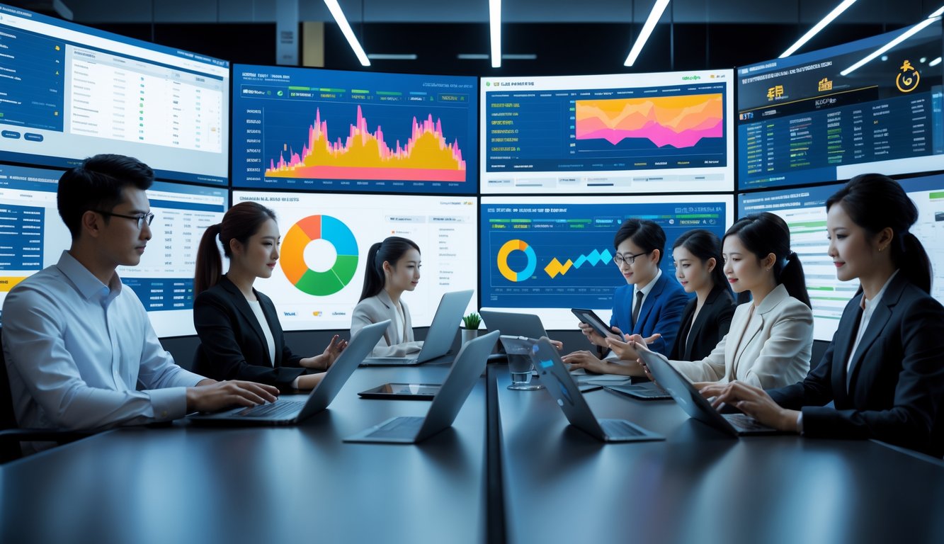 Sekelompok profesional muda sedang menganalisis data taruhan bola online di sebuah ruang kerja modern dengan beberapa monitor dan perangkat digital.