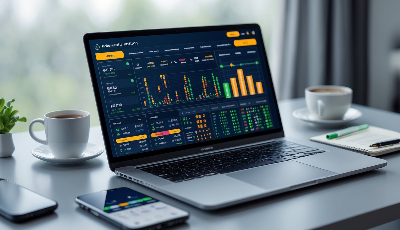 Seorang pria bekerja dengan laptop yang menampilkan statistik dan angka taruhan sepak bola online di sebuah meja kerja modern.