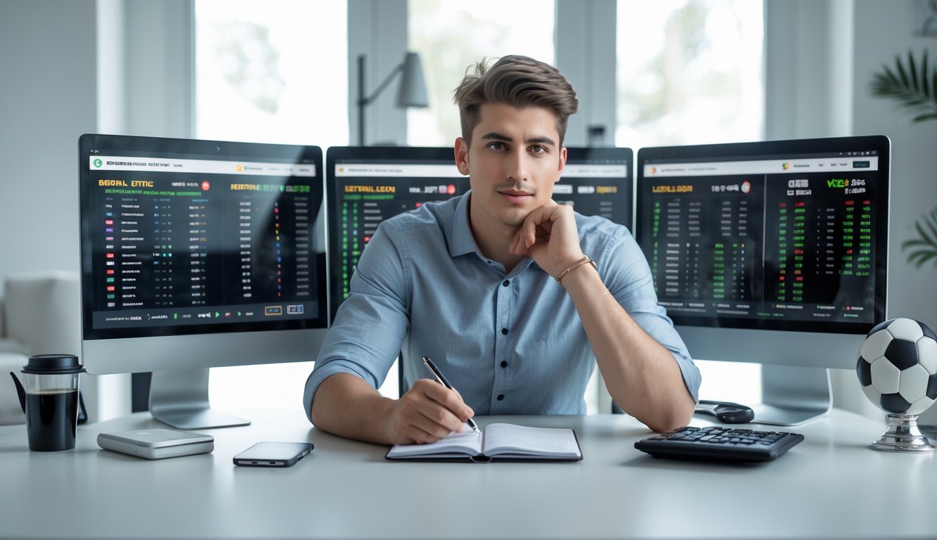 Seorang pria muda duduk di meja kerja dengan beberapa layar komputer yang menampilkan data taruhan bola, tampak fokus menganalisis informasi.