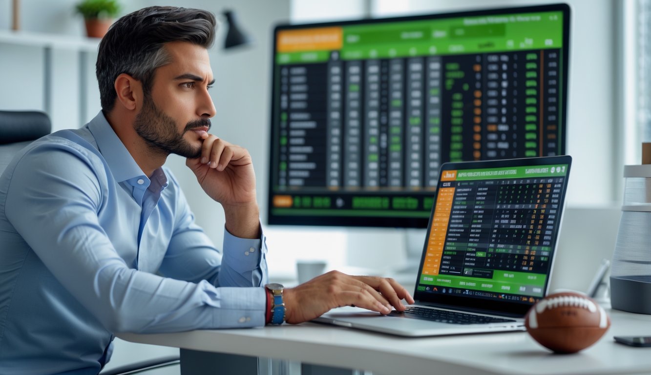 Seorang pria yang fokus menganalisis peluang taruhan bola di depan laptop di sebuah kantor modern.