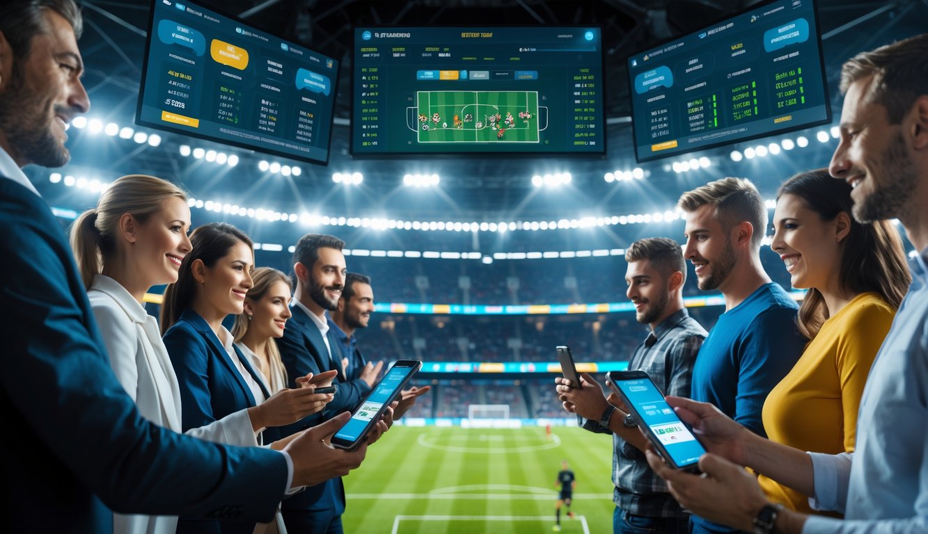 Beberapa orang menggunakan perangkat digital untuk memasang taruhan bola secara langsung dengan latar belakang stadion sepak bola yang sedang berlangsung.