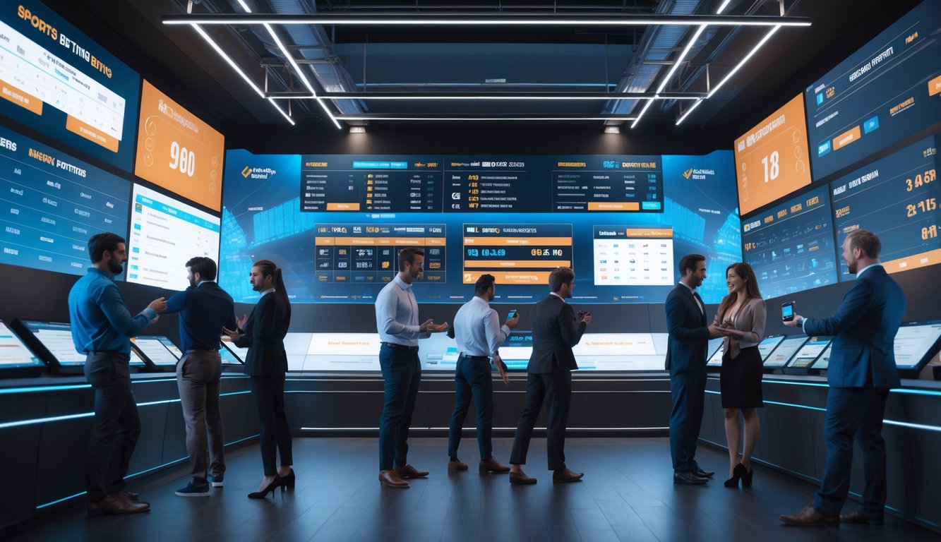Beberapa orang sedang melihat layar digital besar yang menampilkan peluang taruhan olahraga dan pembaruan langsung dalam ruangan modern.
