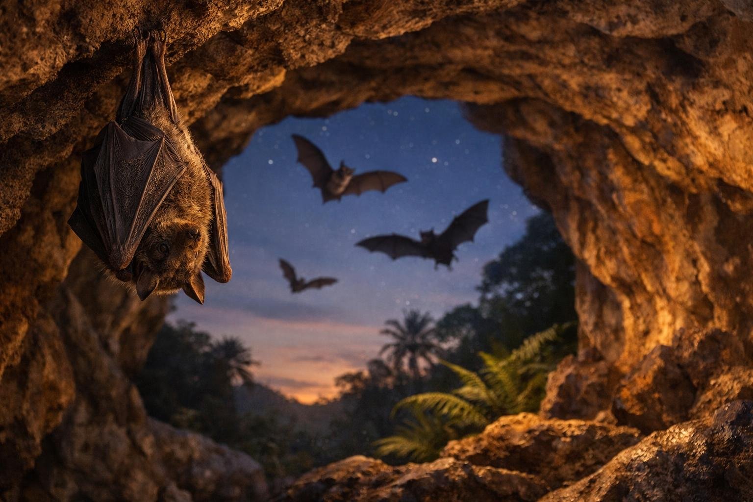 Seekor kelelawar menggantung terbalik di dalam gua dengan beberapa kelelawar lain terbang keluar dari gua saat senja.