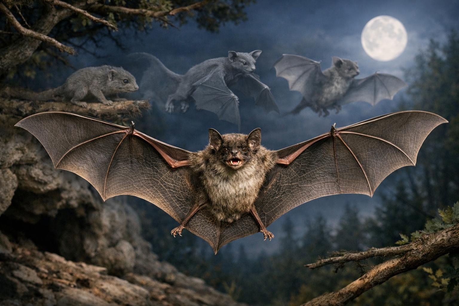 Seekor kelelawar sedang terbang dengan sayap terbentang di latar hutan saat senja, menunjukkan proses evolusi dan adaptasi fisiknya.