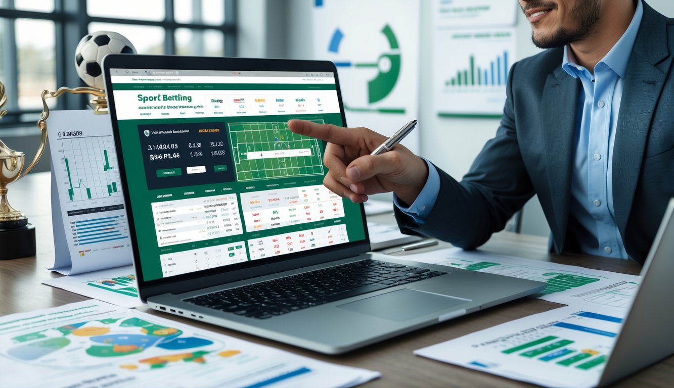 Seseorang sedang menganalisis data taruhan bola di depan laptop di lingkungan kantor yang rapi dan terang.