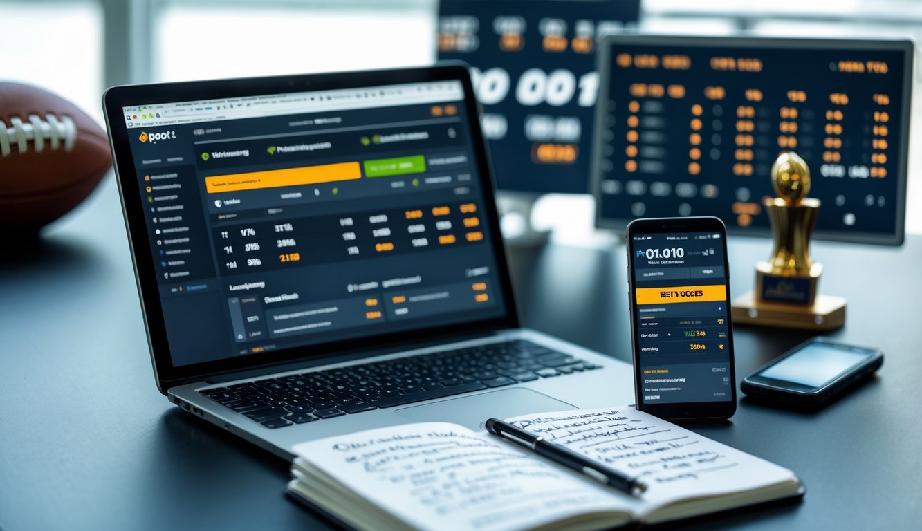 Meja kerja modern dengan laptop dan ponsel yang menampilkan situs judi bola, bola sepak, dan catatan strategi di notebook.