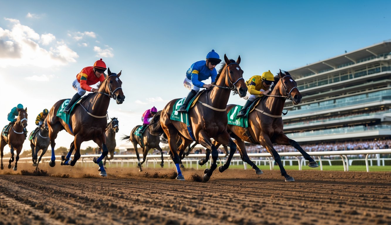 Beberapa kuda pacu dengan joki berwarna-warni berlari cepat di lintasan balap, dengan tribun penonton yang ramai di latar belakang.