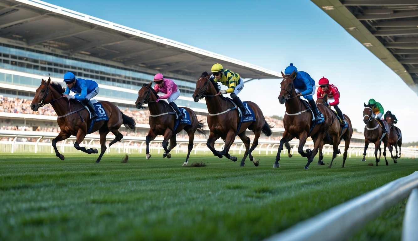 Lomba pacuan kuda dengan beberapa kuda dan joki sedang berlari cepat di lintasan balap dengan penonton di latar belakang.