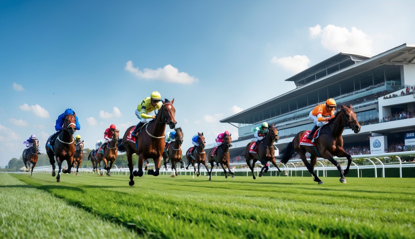 Lomba balap kuda dengan beberapa joki menunggangi kuda melaju kencang di lintasan hijau dengan tribun penonton di latar belakang.