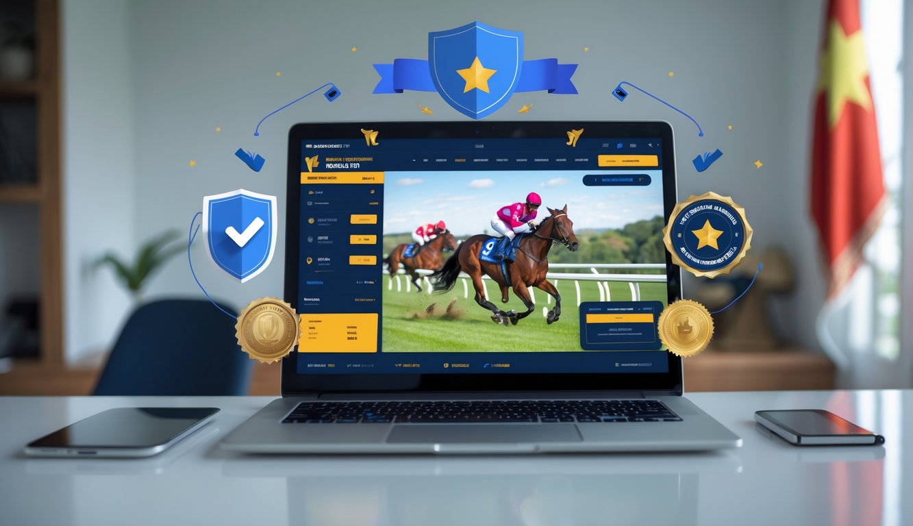 Sebuah laptop di meja dengan tampilan situs balap kuda online yang menampilkan grafik dan elemen kepercayaan di ruang kerja yang terang dengan aksen budaya Indonesia.