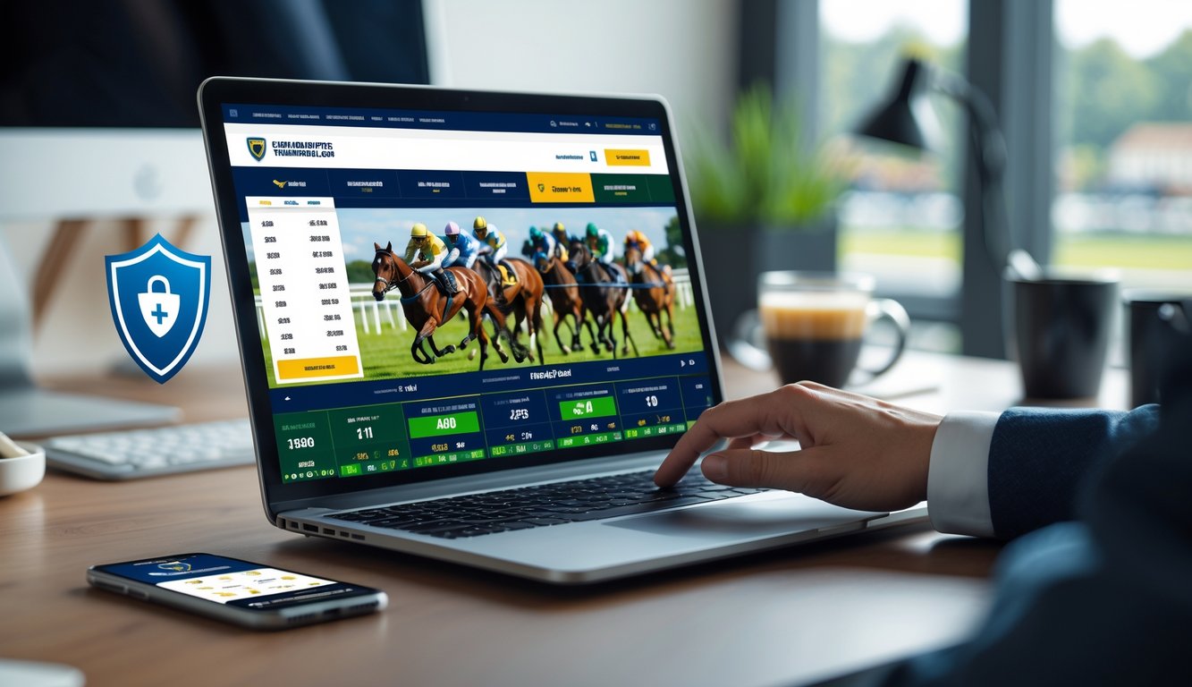 Seorang pengguna sedang menggunakan laptop untuk memasang taruhan pada balap kuda online di meja kerja yang rapi.