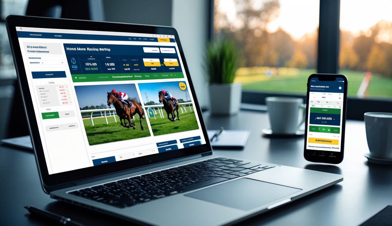 Seorang pengguna duduk di depan laptop dan smartphone yang menampilkan situs taruhan balap kuda online dengan suasana kerja yang rapi dan terang.