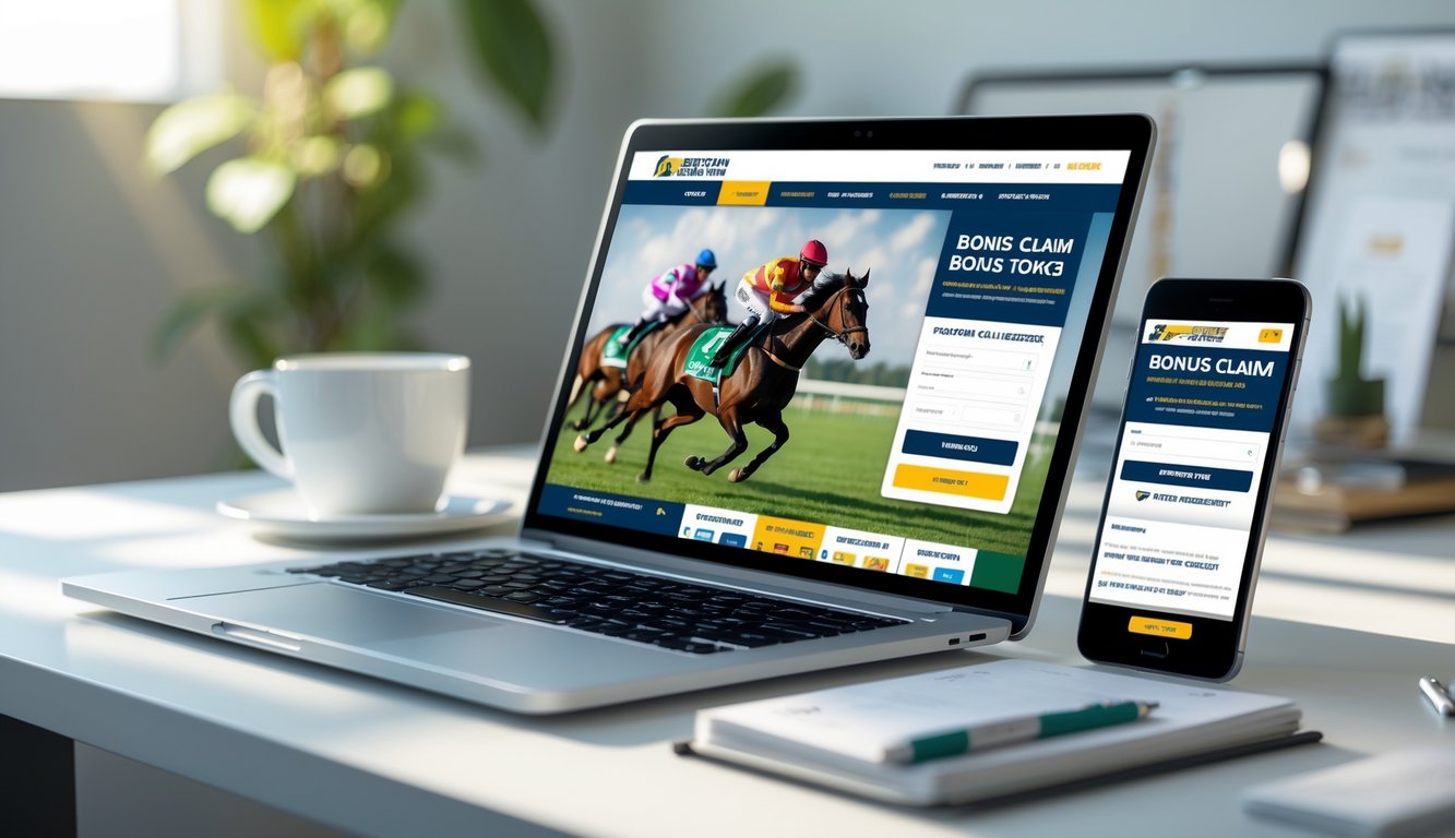 Seseorang menggunakan laptop dan ponsel di meja kerja untuk mendaftar dan klaim bonus pada situs balap kuda online.