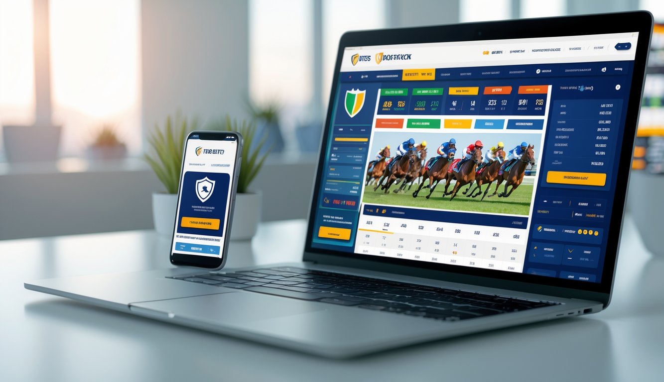 Seorang pria menggunakan laptop dan ponsel untuk memasang taruhan balap kuda secara online di meja kerja yang rapi.