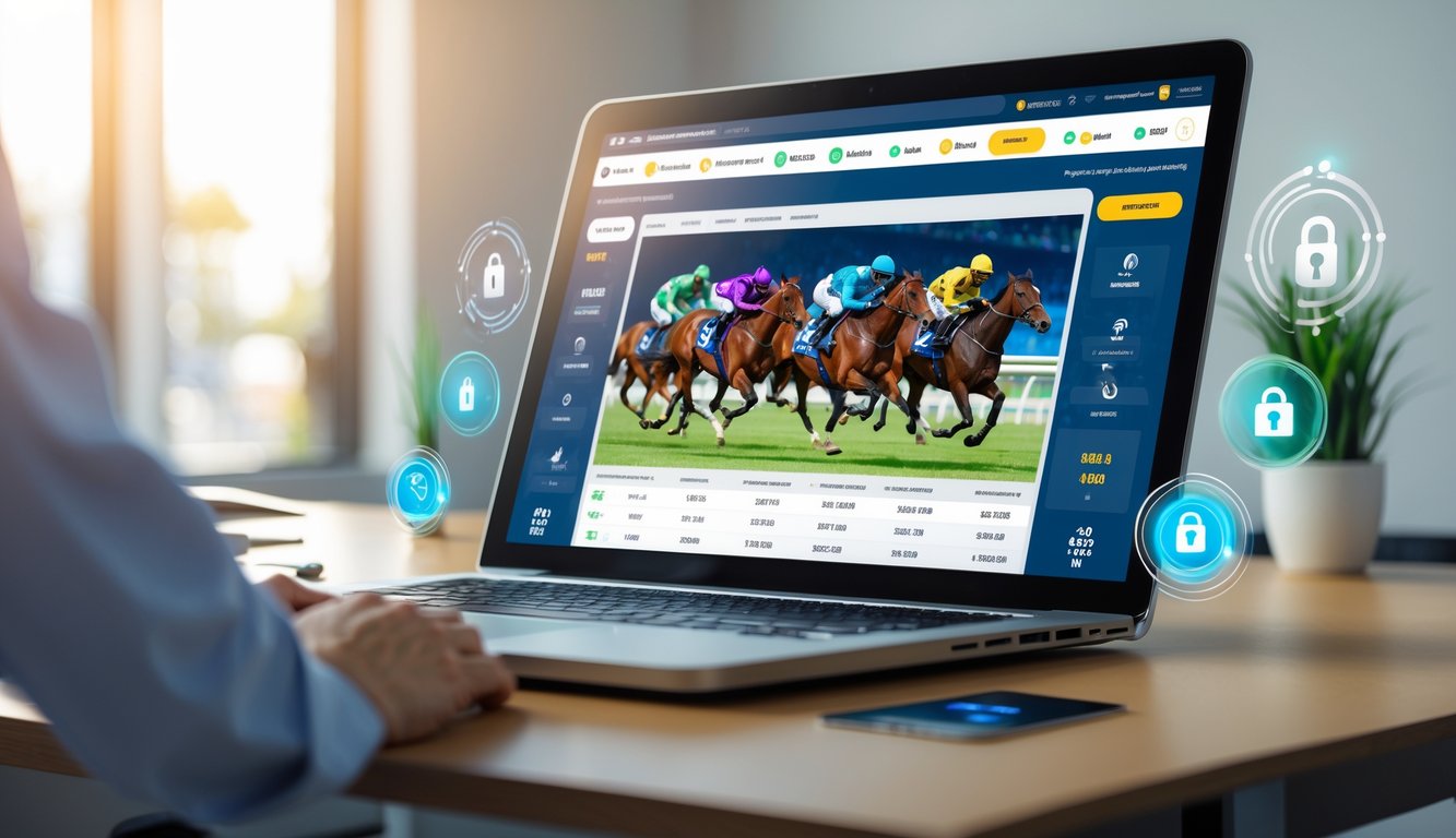 Seorang pengguna menggunakan komputer dengan tampilan balap kuda online dan simbol transaksi cepat di meja kerja.