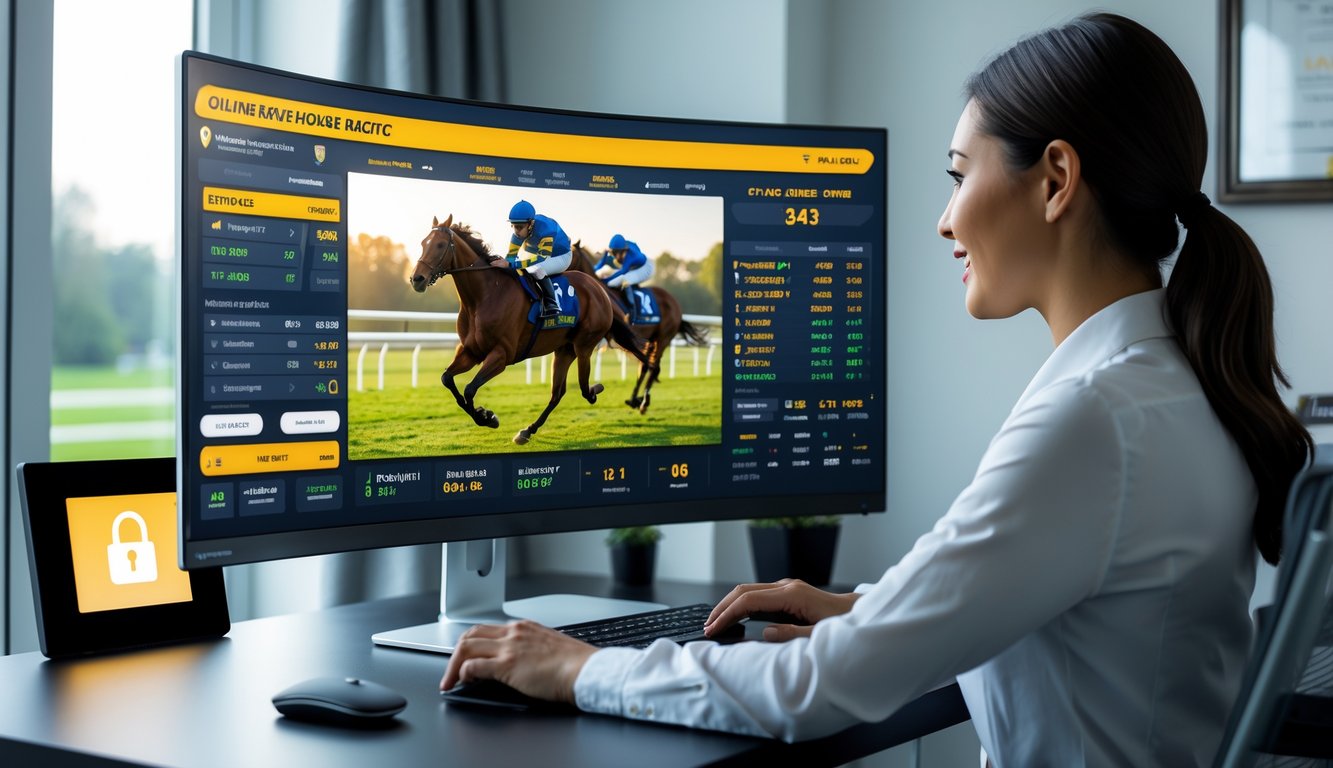 Seseorang sedang menggunakan komputer dengan tampilan balap kuda online dan elemen keamanan di ruang kerja modern.