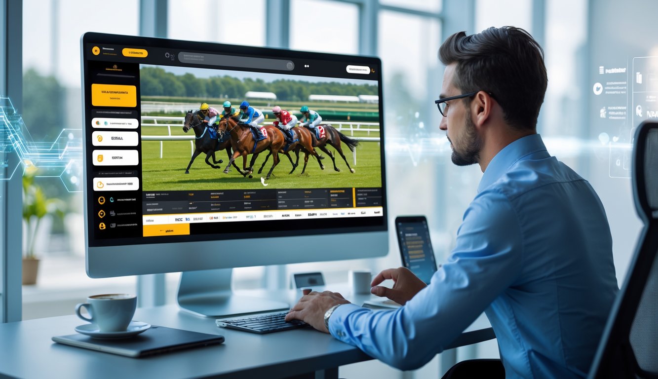 Seorang pria fokus menggunakan komputer dengan tampilan balap kuda online di layar, di ruang kerja modern yang terang dan rapi.