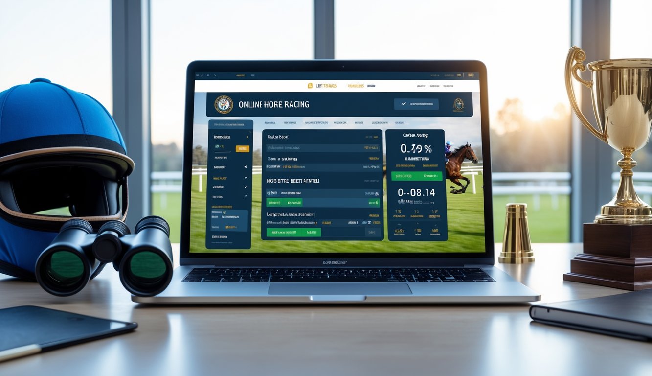 Seorang pengguna komputer di meja dengan layar menampilkan situs taruhan balap kuda online, dikelilingi helm joki, teropong, dan trofi kecil.