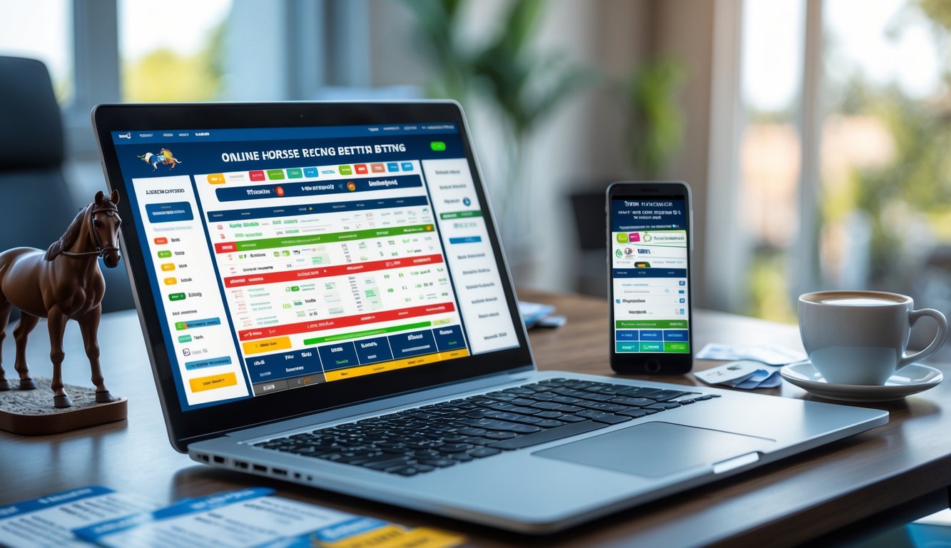 Seseorang menggunakan laptop dan ponsel di meja kerja dengan tampilan situs judi balap kuda online di layar.