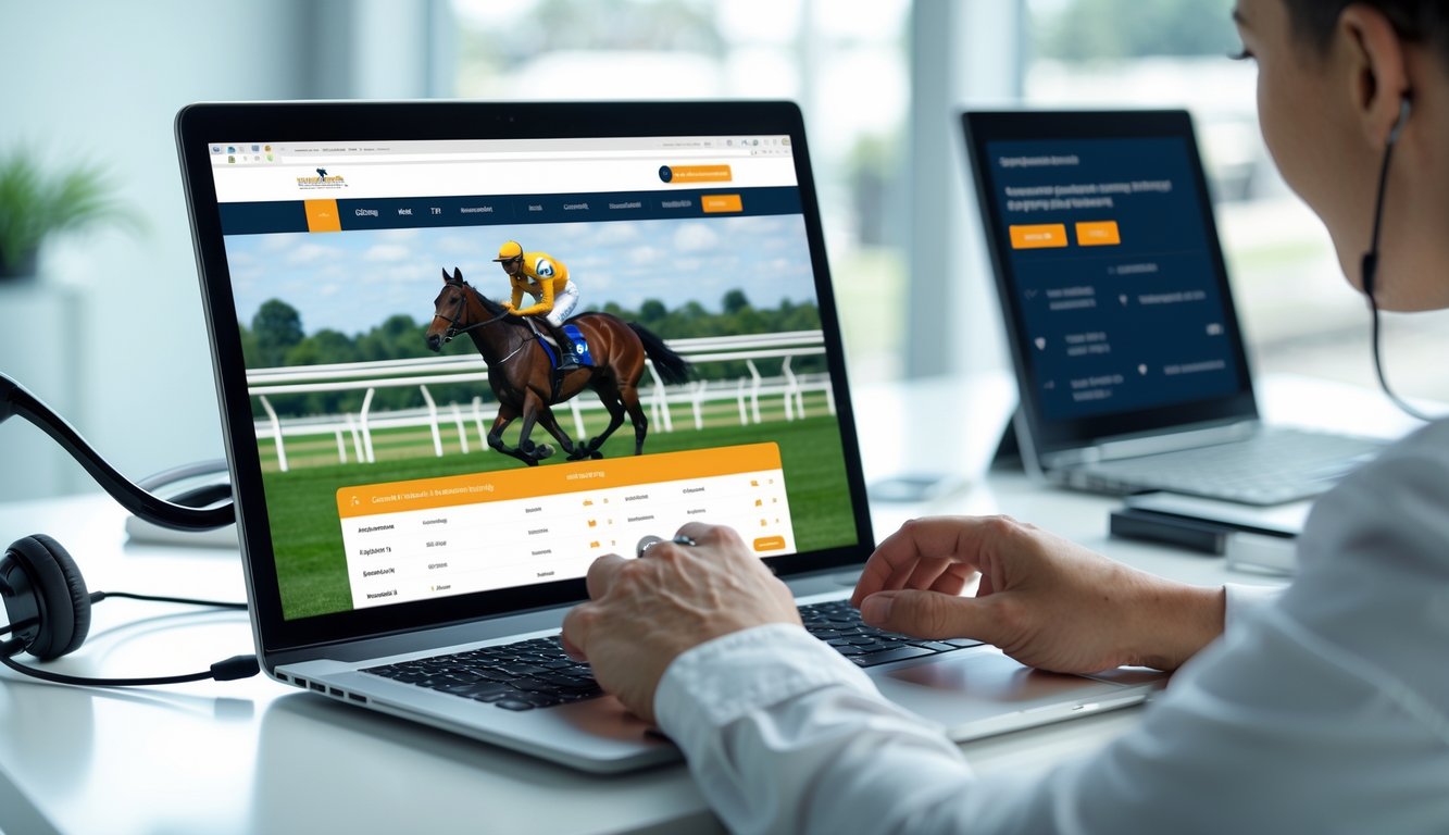 Seseorang menggunakan komputer untuk memasang taruhan balap kuda online di lingkungan kantor yang terang dan profesional.